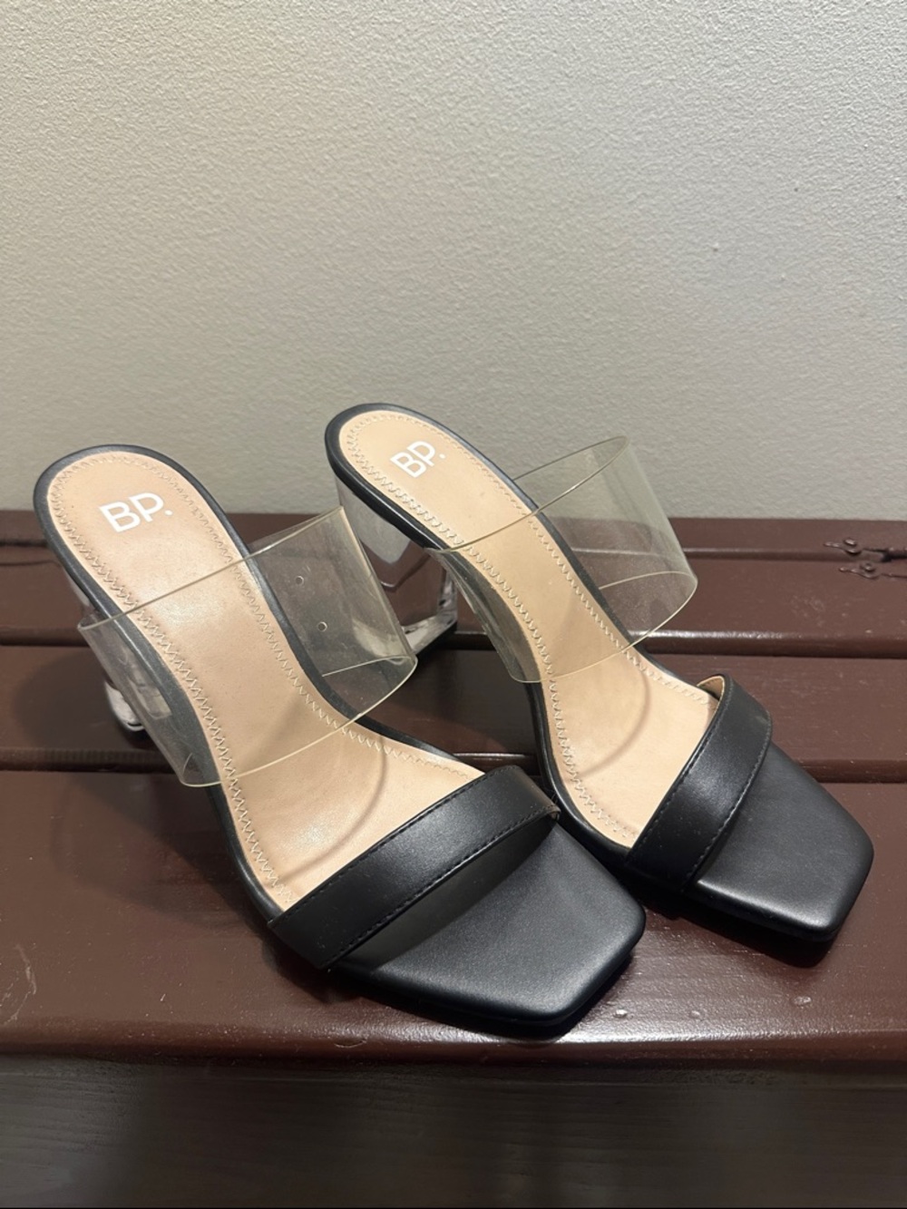 bp Black Clear-Strap Square Toe Block Heel Mules